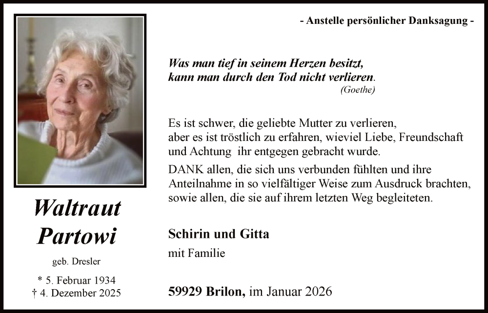  Traueranzeige für Waltraut Partowi vom 24.01.2026 aus HASK