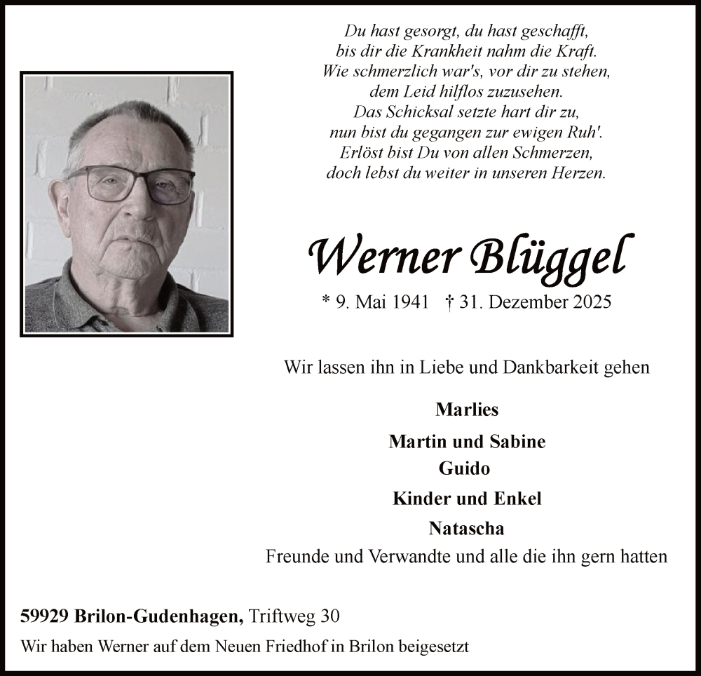  Traueranzeige für Werner Blüggel vom 10.01.2026 aus HASK