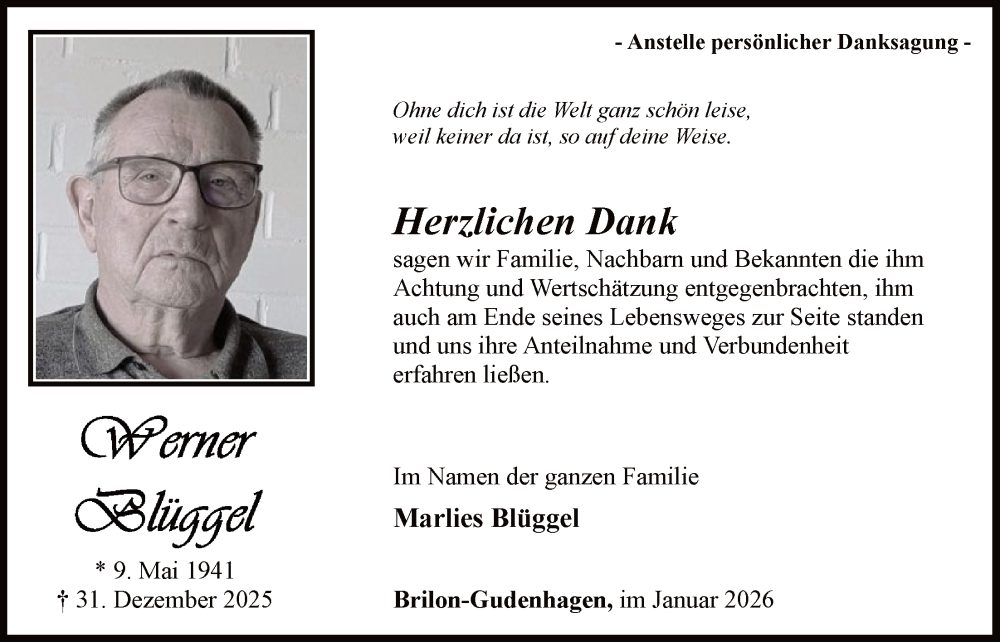  Traueranzeige für Werner Blüggel vom 24.01.2026 aus HASK