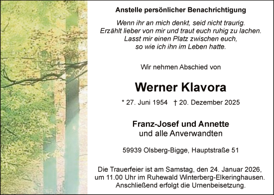 Traueranzeige von Werner Klavora von HASK