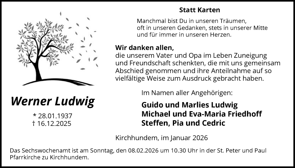  Traueranzeige für Werner Ludwig vom 31.01.2026 aus HASK