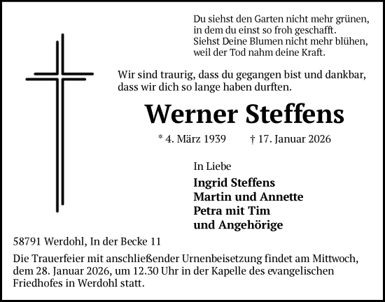 Traueranzeige von Werner Steffens von HALN