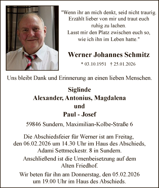 Traueranzeige von Werner Johannes Schmitz von HASK