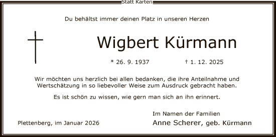 Traueranzeige von Wigbert Kürmann von HALN