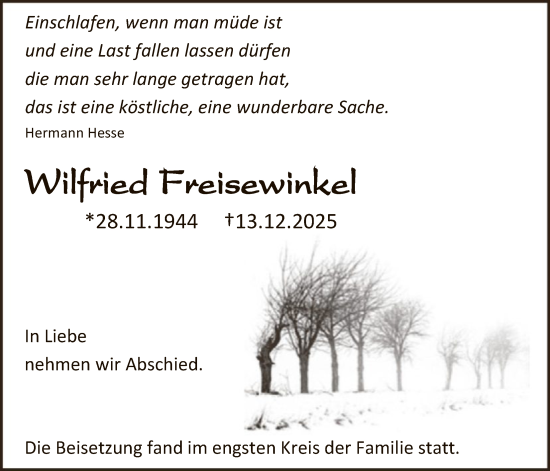 Traueranzeige von Wilfried Freisewinkel von HALN