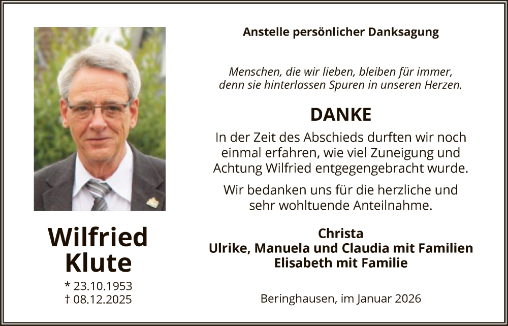  Traueranzeige für Wilfried Klute vom 24.01.2026 aus HASK