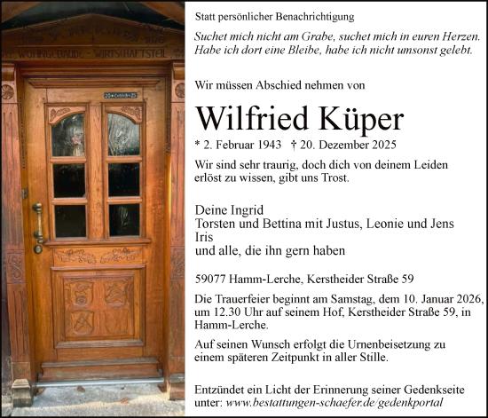 Traueranzeige von Wilfried Küper von HAWA