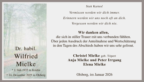 Traueranzeige von Wilfried Mielke von HASK