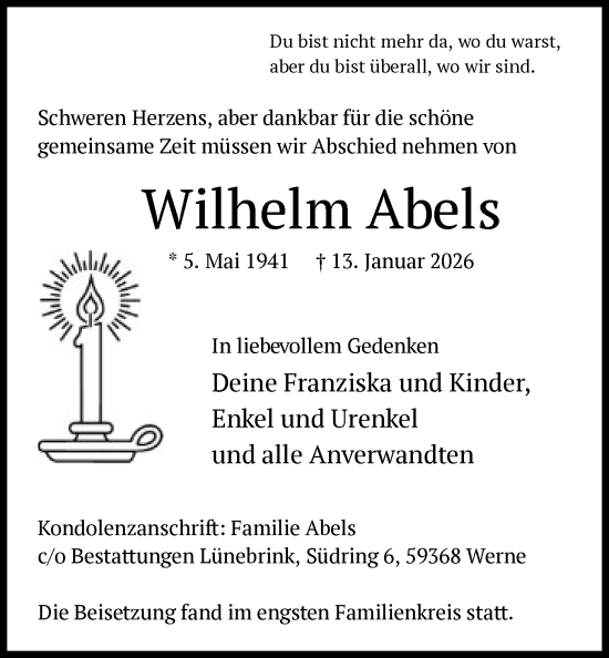 Traueranzeige von Wilhelm Abels von HAWA