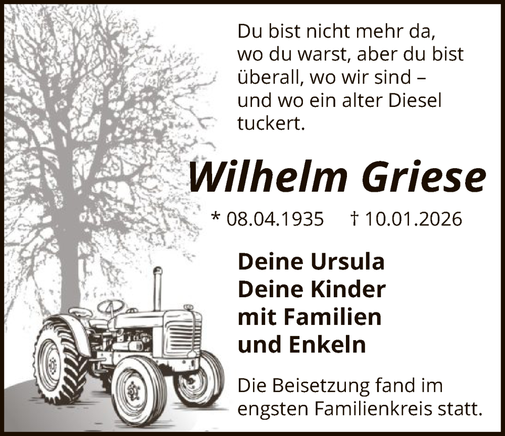  Traueranzeige für Wilhelm Griese vom 31.01.2026 aus HASO