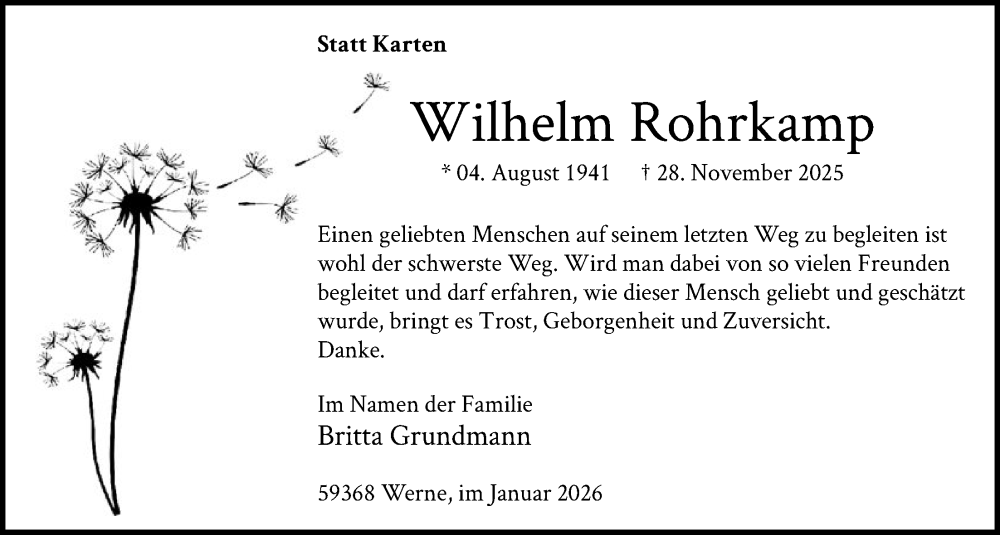  Traueranzeige für Wilhelm Rohrkamp vom 10.01.2026 aus HAWA
