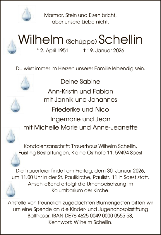 Traueranzeige von Wilhelm Schellin von HASO