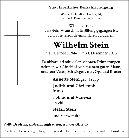 Traueranzeige von Wilhelm Stein von HASK