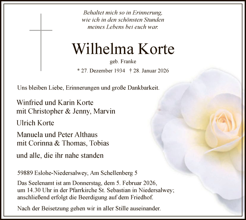  Traueranzeige für Wilhelma Korte vom 31.01.2026 aus HASK