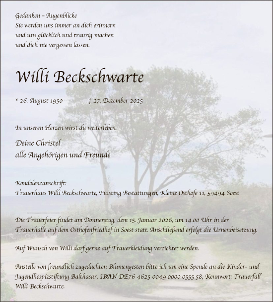 Traueranzeige von Willi Beckschwarte von HASO