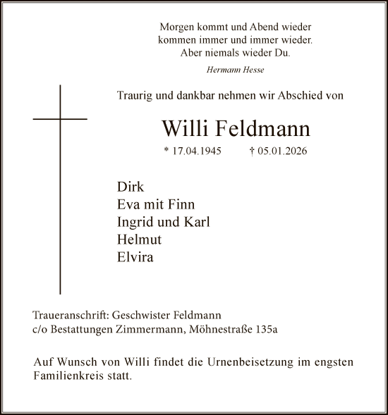 Traueranzeige von Willi Feldmann von HASK