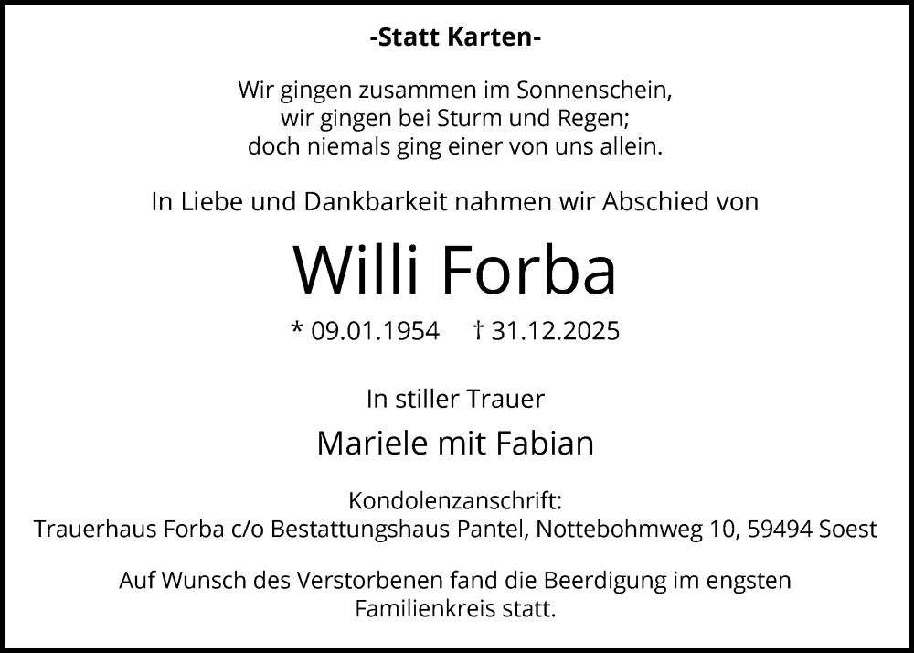  Traueranzeige für Willi Forba vom 17.01.2026 aus HASO