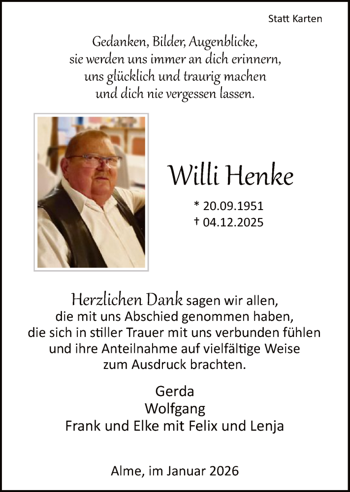  Traueranzeige für Willi Henke vom 10.01.2026 aus HASK