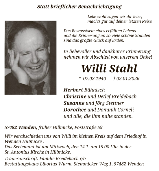 Traueranzeige von Willi Stahl von HASK