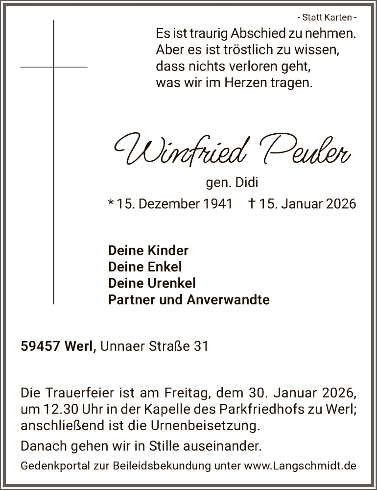  Traueranzeige für Winfried Peuler vom 27.01.2026 aus HASO