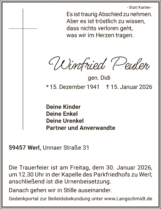 Traueranzeige von Winfried Peuler von HASO