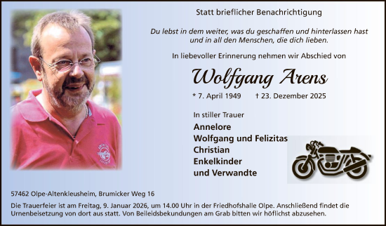 Traueranzeige von Wolfgang Arens von HASK