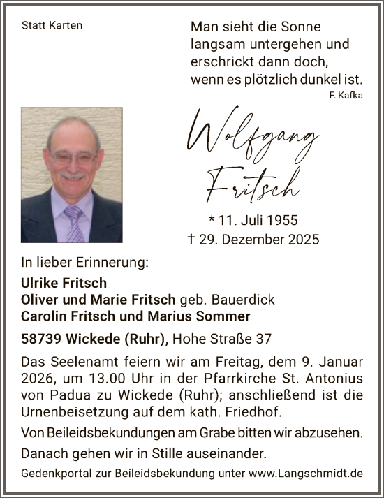 Traueranzeige von Wolfgang Fritsch von HASO