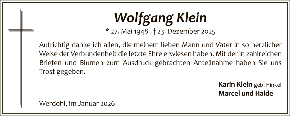  Traueranzeige für Wolfgang Klein vom 24.01.2026 aus HALN