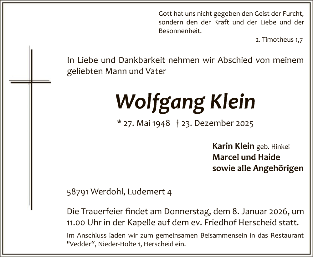  Traueranzeige für Wolfgang Klein vom 03.01.2026 aus HALN