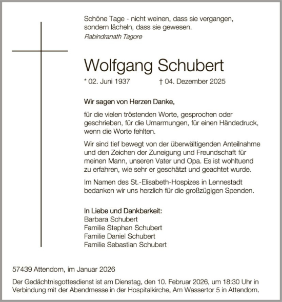 Traueranzeige von Wolfgang Schubert von HASK