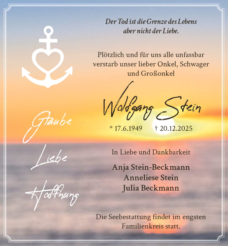  Traueranzeige für Wolfgang Stein vom 17.01.2026 aus HALN