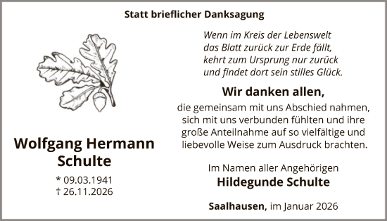 Traueranzeige von Wolfgang Hermann Schulte von HASK