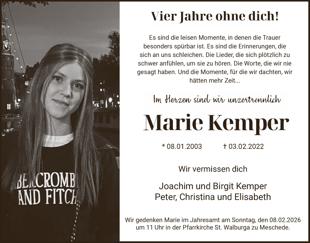  Traueranzeige für Marie Kemper vom 02.02.2026 aus 