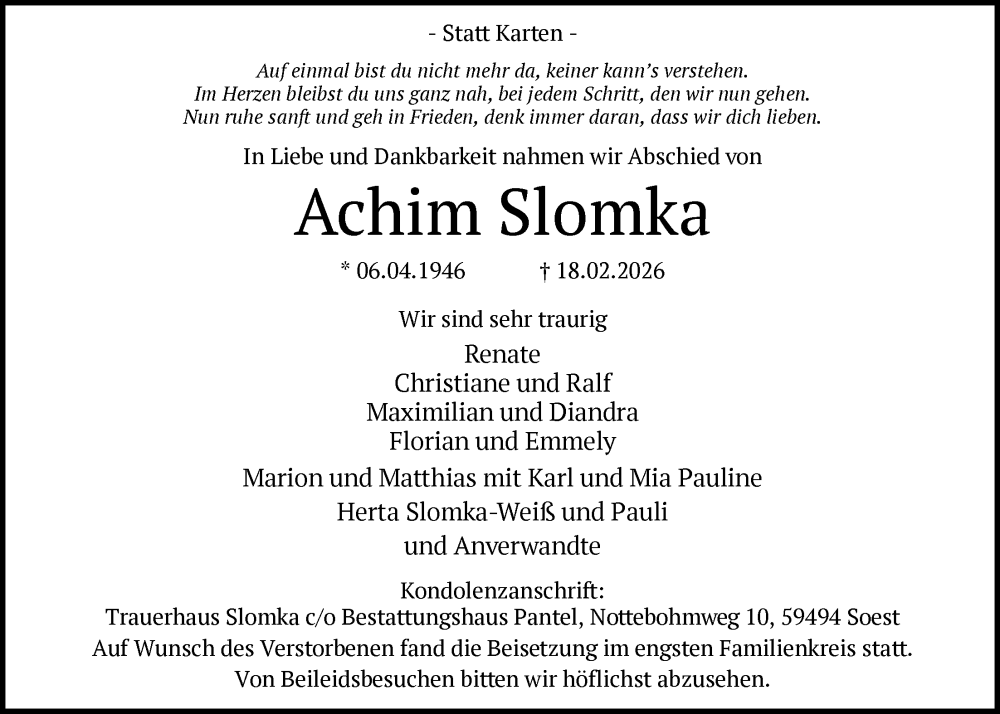  Traueranzeige für Achim Slomka vom 28.02.2026 aus HASO