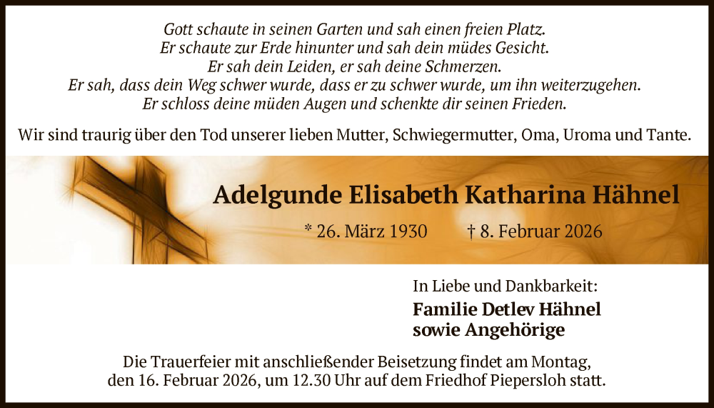  Traueranzeige für Adelgunde Elisabeth Katharina Hähnel vom 11.02.2026 aus HALN