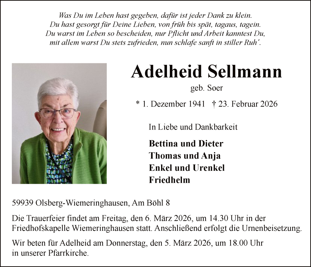  Traueranzeige für Adelheid Sellmann vom 28.02.2026 aus HASK