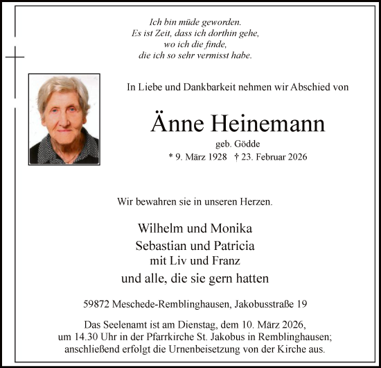 Traueranzeige von Änne Heinemann von HASK