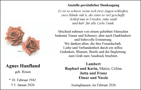 Traueranzeige von Agnes Hanfland von HASK