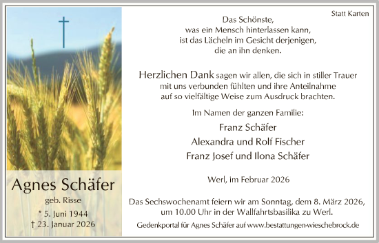 Traueranzeige von Agnes Schäfer von HASO