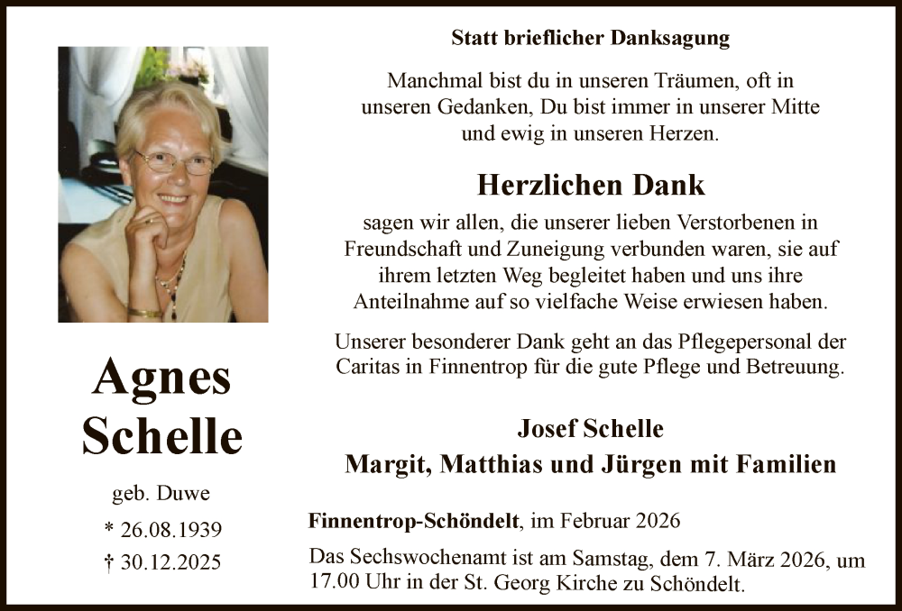  Traueranzeige für Agnes Schelle vom 28.02.2026 aus HASK