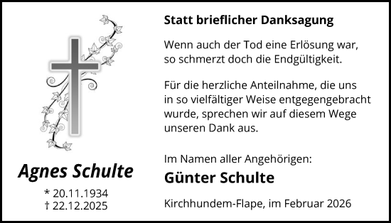 Traueranzeige von Agnes Schulte von HASK