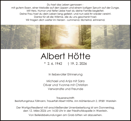 Traueranzeige von Albert Hötte von HASO