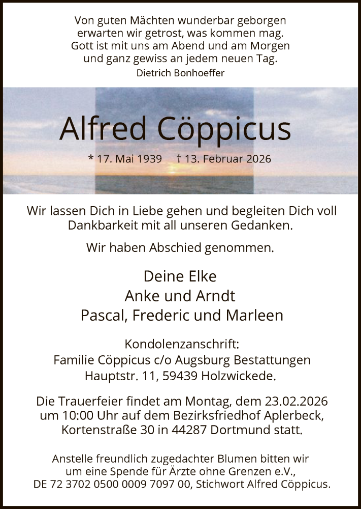  Traueranzeige für Alfred Cöppicus vom 20.02.2026 aus HALN