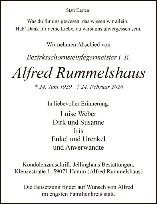 Traueranzeige von Alfred Rummelshaus von HAWA