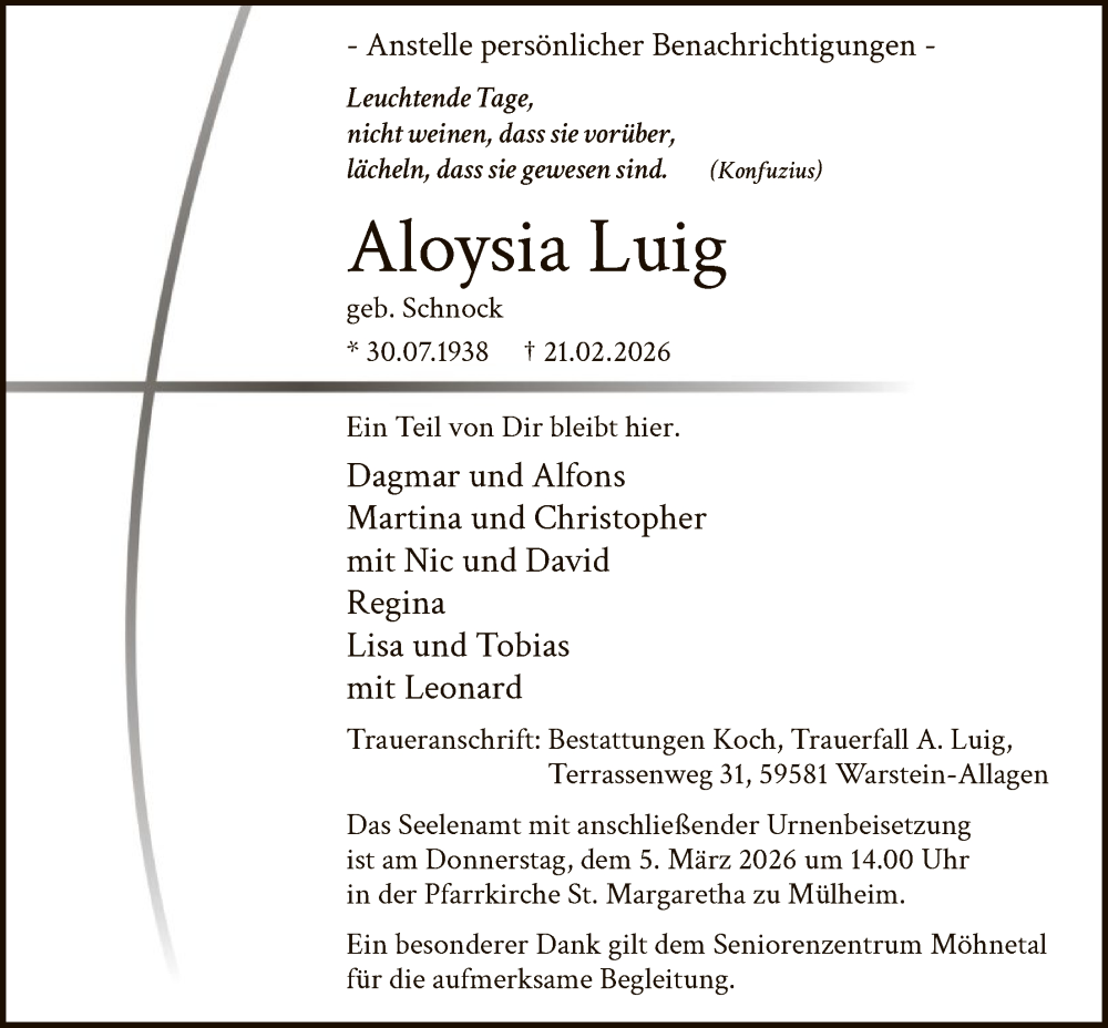  Traueranzeige für Aloysia Luig vom 28.02.2026 aus HASO