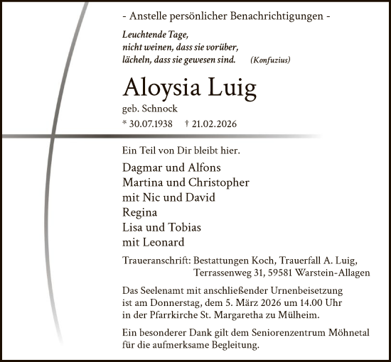 Traueranzeige von Aloysia Luig von HASO