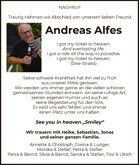 Traueranzeige von Andreas Alfes von HASK