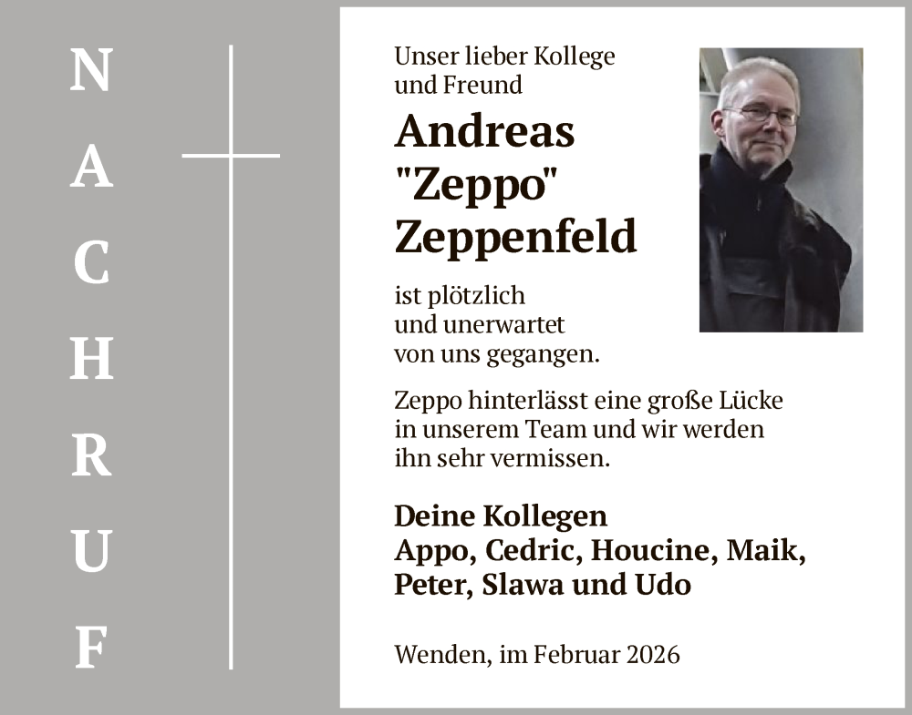  Traueranzeige für Andreas Zeppenfeld vom 28.02.2026 aus HASK