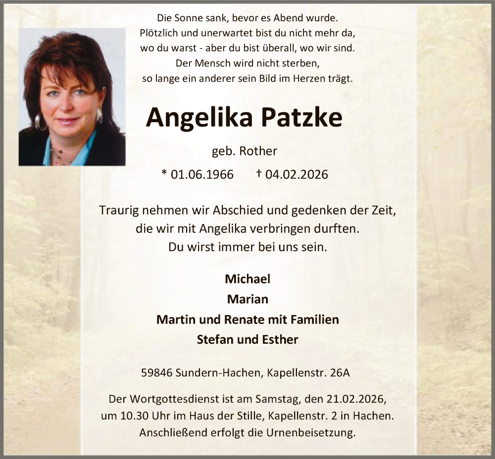  Traueranzeige für Angelika Patzke vom 14.02.2026 aus HASK