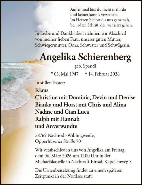 Traueranzeige von Angelika Schierenberg von HALN